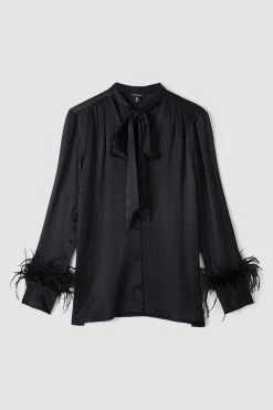 Karen Millen Viscose Satin Feather Cuff Tie Neck Shirt 9 Karen Millen Viscose Satin Feather Cuff Tie Neck Shirt -Karen Millen shop black viscose satin feather cuff tie neck shirt 2