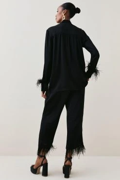 Karen Millen Viscose Satin Feather Cuff Tie Neck Shirt 10 Karen Millen Viscose Satin Feather Cuff Tie Neck Shirt -Karen Millen shop black viscose satin feather cuff tie neck shirt 3