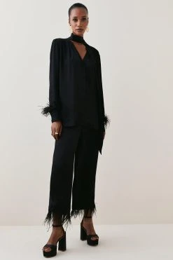 Karen Millen Viscose Satin Feather Cuff Tie Neck Shirt 11 Karen Millen Viscose Satin Feather Cuff Tie Neck Shirt -Karen Millen shop black viscose satin feather cuff tie neck shirt 4