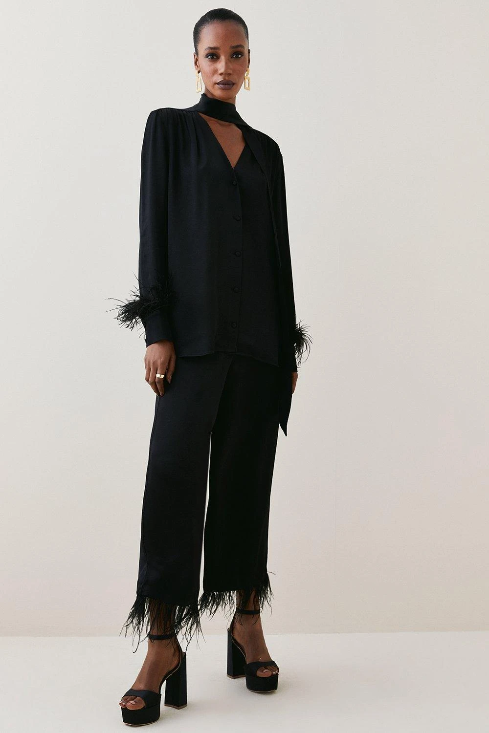 Karen Millen Viscose Satin Feather Cuff Tie Neck Shirt 7 Karen Millen Viscose Satin Feather Cuff Tie Neck Shirt - Image 5