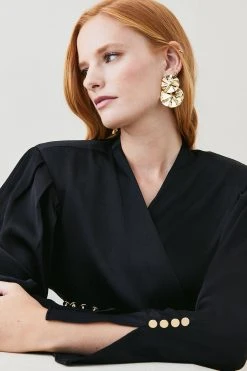 Karen Millen Viscose Satin Strong Shoulder Tie Top -Karen Millen shop black viscose satin strong shoulder tie top 2