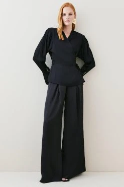 Karen Millen Viscose Satin Strong Shoulder Tie Top -Karen Millen shop black viscose satin strong shoulder tie top 4