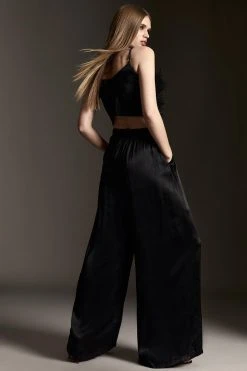 Karen Millen Viscose Satin Wide Leg Woven Trousers -Karen Millen shop black viscose satin wide leg woven trousers 2