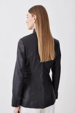 Karen Millen Washed Leather Notch Neck Forever Jacket -Karen Millen shop black washed leather notch neck forever jacket 3