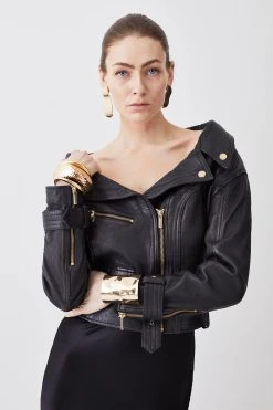Karen Millen Washed Leather Off The Shoulder Biker Jacket -Karen Millen shop black washed leather off the shoulder biker jacket 1 5