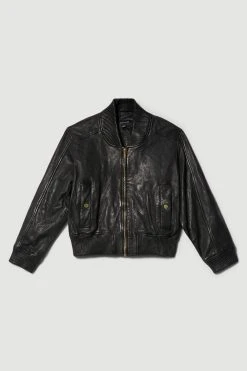 Karen Millen Washed Leather Zip Back Bomber Jacket