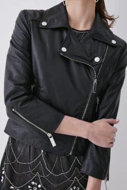 Karen Millen Washed Shrunken Leather Biker Jacket -Karen Millen shop black washed shrunken leather biker jacket 1