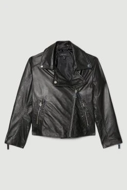 Karen Millen Washed Shrunken Leather Biker Jacket -Karen Millen shop black washed shrunken leather biker jacket 3