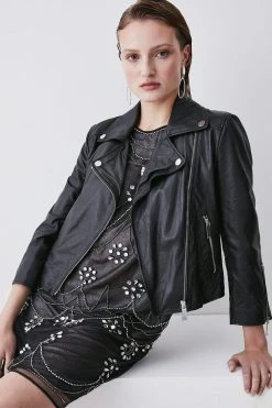 Karen Millen Washed Shrunken Leather Biker Jacket -Karen Millen shop black washed shrunken leather biker jacket 4