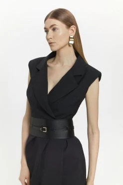 Karen Millen Wool Blend Statement Belted Midi Dress -Karen Millen shop black wool blend statement belted midi dress 2