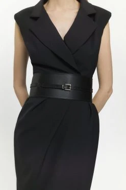 Karen Millen Wool Blend Statement Belted Midi Dress -Karen Millen shop black wool blend statement belted midi dress 3