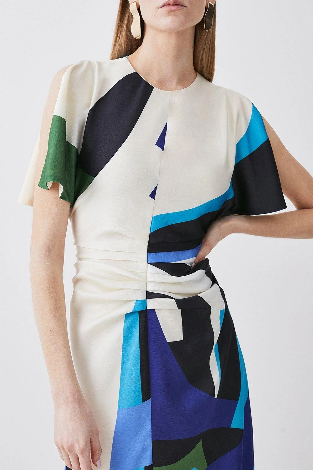Karen Millen Abstract Colour Block Draped Satin Angel Sleeve Midi Dress 4 Karen Millen Abstract Colour Block Draped Satin Angel Sleeve Midi Dress - Image 2