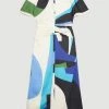 Karen Millen Abstract Colour Block Draped Satin Angel Sleeve Midi Dress -Karen Millen shop blue abstract colour block draped satin angel sleeve midi dress