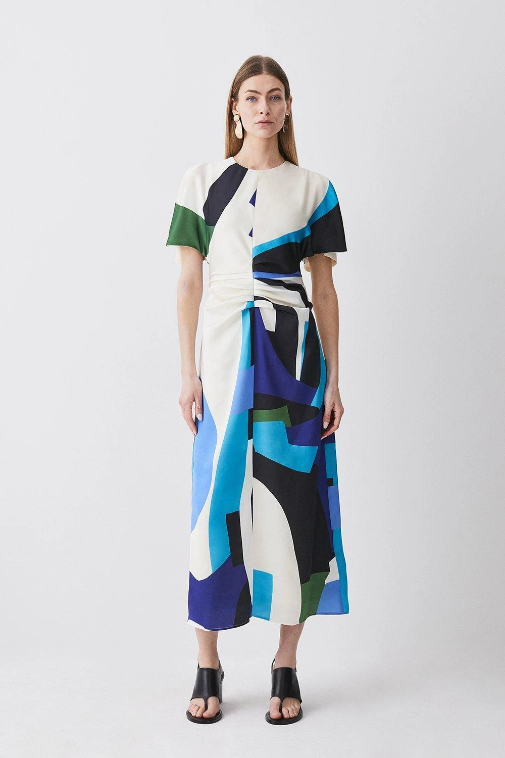 Karen Millen Abstract Colour Block Draped Satin Angel Sleeve Midi Dress 5 Karen Millen Abstract Colour Block Draped Satin Angel Sleeve Midi Dress - Image 3