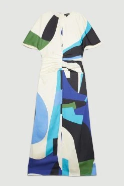 Karen Millen Abstract Colour Block Draped Satin Angel Sleeve Midi Dress