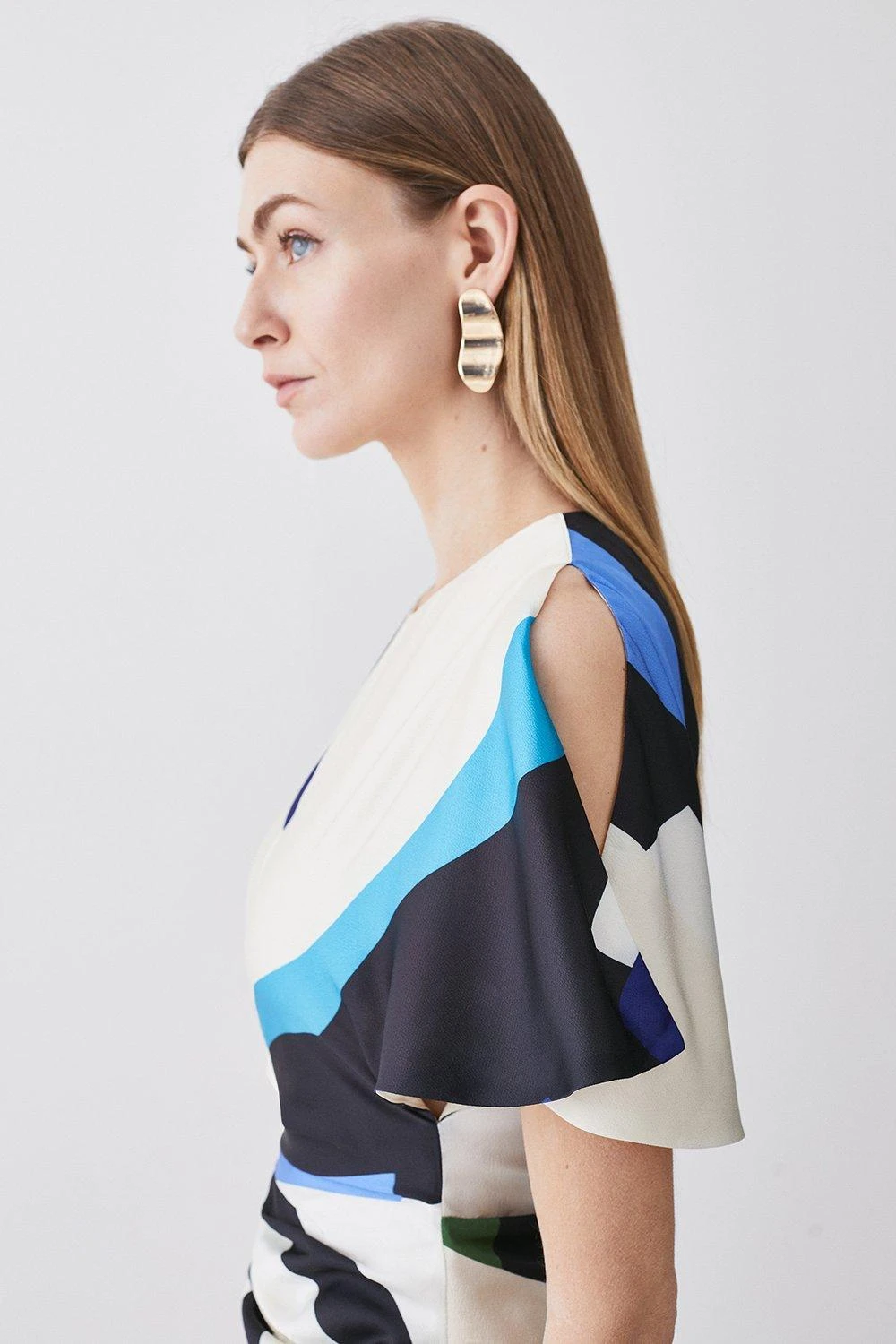Karen Millen Abstract Colour Block Draped Satin Angel Sleeve Midi Dress 6 Karen Millen Abstract Colour Block Draped Satin Angel Sleeve Midi Dress - Image 4