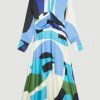 Karen Millen Abstract Colour Block Draped Satin Midi Dress -Karen Millen shop blue abstract colour block draped satin midi dress
