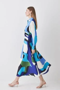 Karen Millen Abstract Colour Block Draped Satin Midi Dress -Karen Millen shop blue abstract colour block draped satin midi dress 2