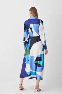 Karen Millen Abstract Colour Block Draped Satin Midi Dress -Karen Millen shop blue abstract colour block draped satin midi dress 3