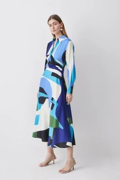 Karen Millen Abstract Colour Block Draped Satin Midi Dress -Karen Millen shop blue abstract colour block draped satin midi dress 4