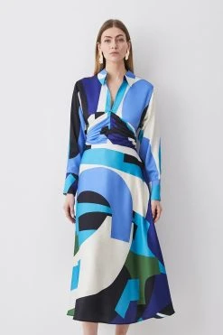 Karen Millen Abstract Colour Block Draped Satin Midi Dress -Karen Millen shop blue abstract colour block draped satin midi dress 5