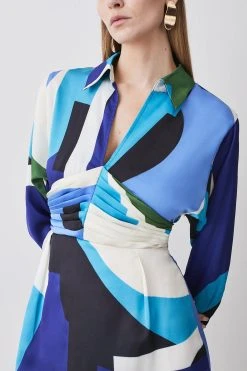 Karen Millen Abstract Colour Block Draped Satin Mini Dress -Karen Millen shop blue abstract colour block draped satin mini dress 2