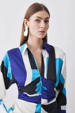 Karen Millen Abstract Colour Block Satin Blouse -Karen Millen shop blue abstract colour block satin blouse 3