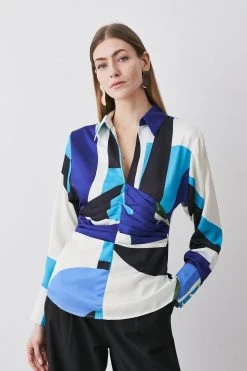 Karen Millen Abstract Colour Block Satin Blouse -Karen Millen shop blue abstract colour block satin blouse 4