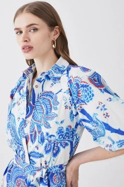 Karen Millen Batik Floral Cotton Belted Playsuit -Karen Millen shop blue batik floral cotton belted playsuit 1 1