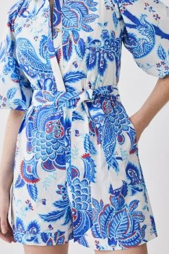 Karen Millen Batik Floral Cotton Belted Playsuit -Karen Millen shop blue batik floral cotton belted playsuit 1 2