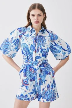 Karen Millen Batik Floral Cotton Belted Playsuit -Karen Millen shop blue batik floral cotton belted playsuit 1 3