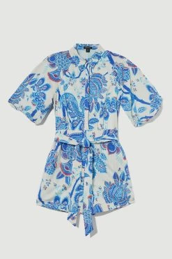 Karen Millen Batik Floral Cotton Belted Playsuit -Karen Millen shop blue batik floral cotton belted playsuit 1 4