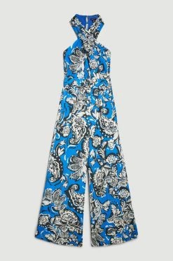 Karen Millen Batik Viscose Linen Belted Halterneck Jumpsuit