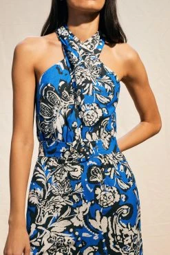 Karen Millen Batik Viscose Linen Belted Halterneck Jumpsuit -Karen Millen shop blue batik viscose linen belted halterneck jumpsuit 3