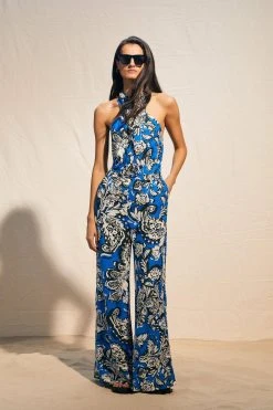 Karen Millen Batik Viscose Linen Belted Halterneck Jumpsuit -Karen Millen shop blue batik viscose linen belted halterneck jumpsuit 4