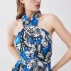 Karen Millen Batik Viscose Linen Belted Halterneck Midi Dress