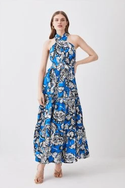Karen Millen Batik Viscose Linen Belted Halterneck Midi Dress -Karen Millen shop blue batik viscose linen belted halterneck midi dress 2