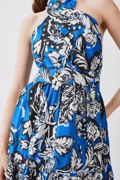 Karen Millen Batik Viscose Linen Belted Halterneck Midi Dress -Karen Millen shop blue batik viscose linen belted halterneck midi dress 3