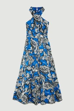 Karen Millen Batik Viscose Linen Belted Halterneck Midi Dress -Karen Millen shop blue batik viscose linen belted halterneck midi dress 4
