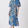 Karen Millen Batik Viscose Linen Belted Midi Shirt Dress -Karen Millen shop blue batik viscose linen belted midi shirt dress