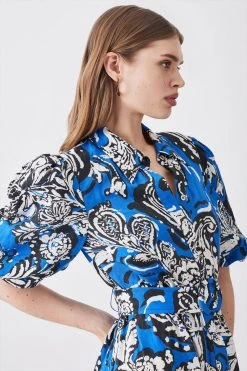 Karen Millen Batik Viscose Linen Belted Midi Shirt Dress -Karen Millen shop blue batik viscose linen belted midi shirt dress 2