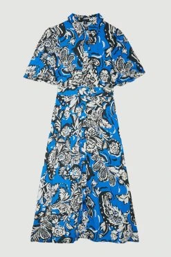 Karen Millen Batik Viscose Linen Belted Midi Shirt Dress -Karen Millen shop blue batik viscose linen belted midi shirt dress 3