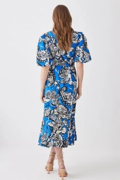 Karen Millen Batik Viscose Linen Belted Midi Shirt Dress -Karen Millen shop blue batik viscose linen belted midi shirt dress 4