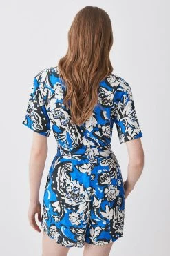 Karen Millen Batik Viscose Linen Belted Playsuit -Karen Millen shop blue batik viscose linen belted playsuit 2