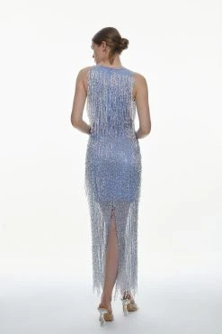 Karen Millen Beaded Fringed V Neck Embellished Maxi Dress -Karen Millen shop blue beaded fringed v neck embellished maxi dress 3