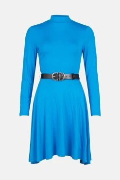 Karen Millen Belted Funnel Neck Long Sleeve Viscose Blend Jersey Dress