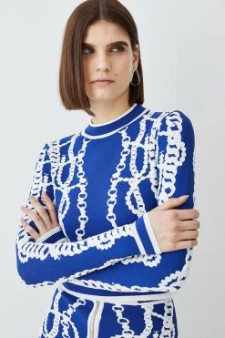 Karen Millen Chain Jacquard Knit Long Sleeve Top -Karen Millen shop blue chain jacquard knit long sleeve top 3
