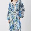 Karen Millen Corset Detail Floral Pleated Woven Maxi Dress -Karen Millen shop blue corset detail floral pleated woven maxi dress