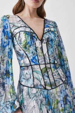 Karen Millen Corset Detail Floral Pleated Woven Maxi Dress -Karen Millen shop blue corset detail floral pleated woven maxi dress 2