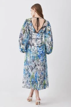 Karen Millen Corset Detail Floral Pleated Woven Maxi Dress -Karen Millen shop blue corset detail floral pleated woven maxi dress 3